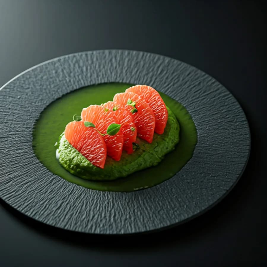 Plato generado con pomelo y albahaca.