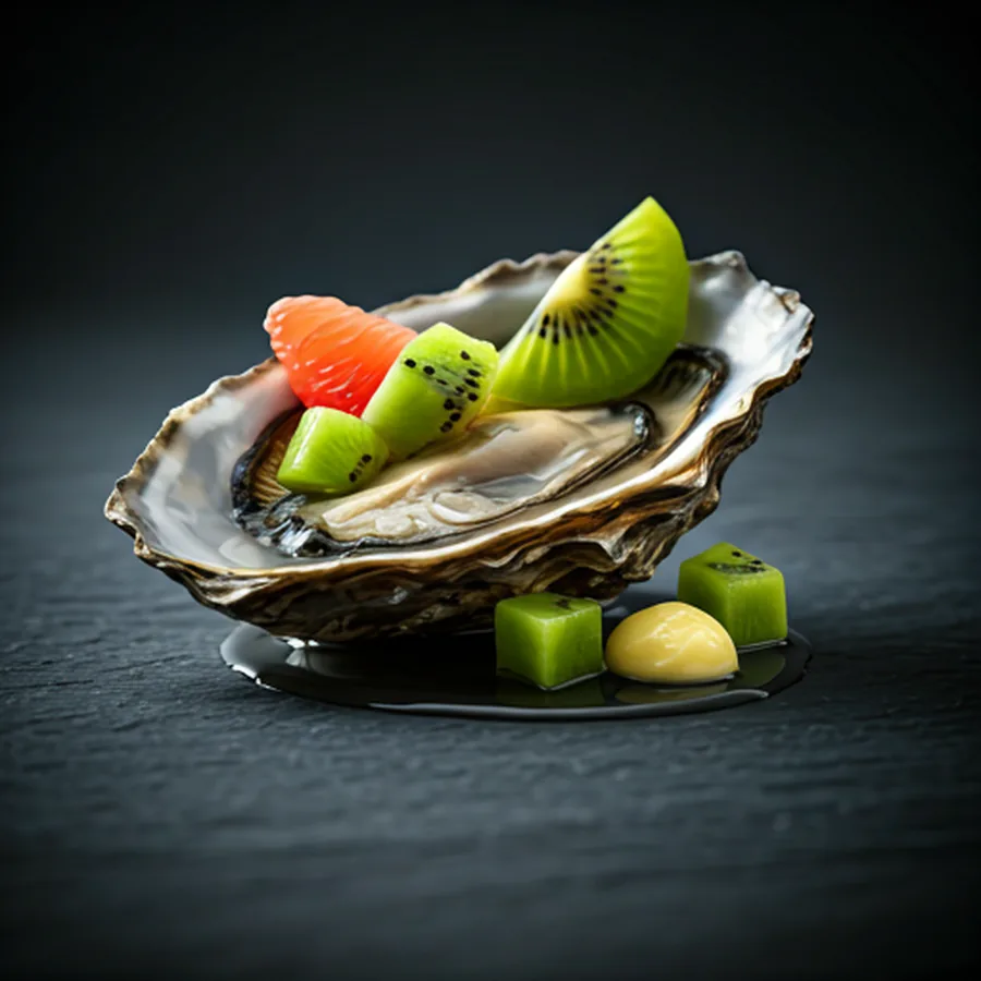 Plato generado con kiwi y ostra.