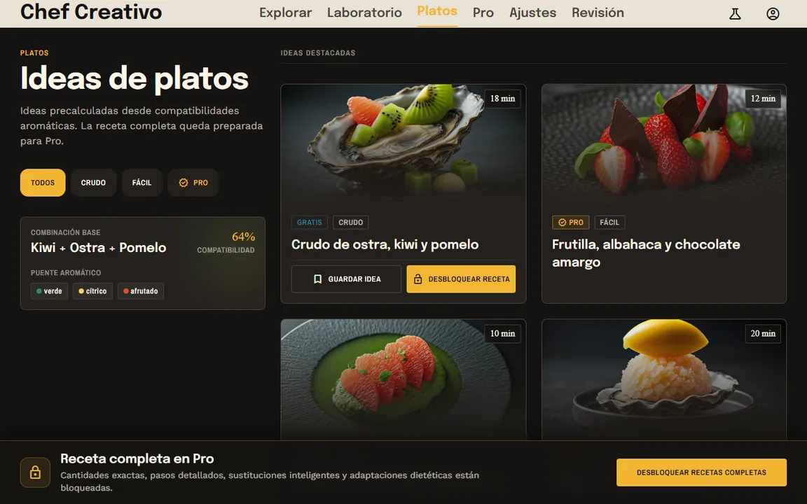 Pantalla de ideas de platos con combinaciones visuales de ingredientes.