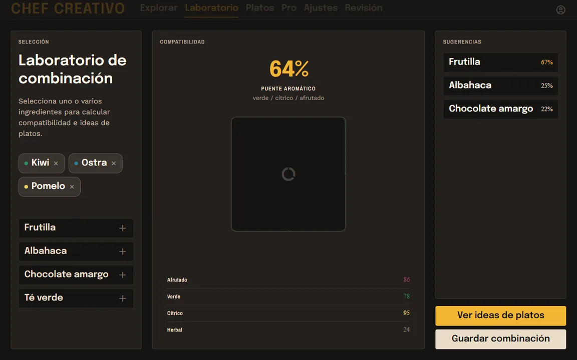 Pantalla de laboratorio de combinación con score de afinidad.