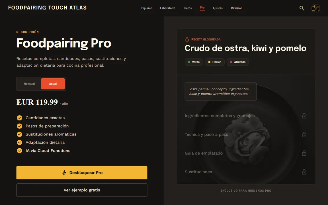 Pantalla de Foodpairing Pro con receta y análisis aromático.