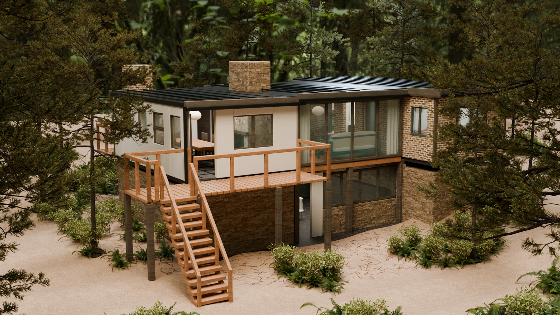 Render of the Village Pila 3D model among the pines